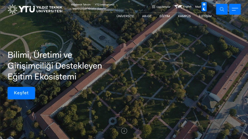 Yıldız Technical University homepage featuring a campus aerial view and educational ecosystem message.