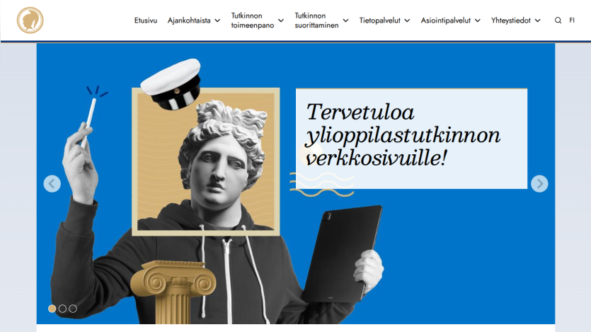 Welcome message on a university examination website with a statue holding a tablet and a graduation cap
