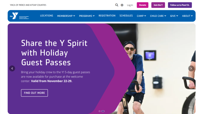 YMCA of Pierce and Kitsap Counties homepage with navigation and holiday guest passes promotion