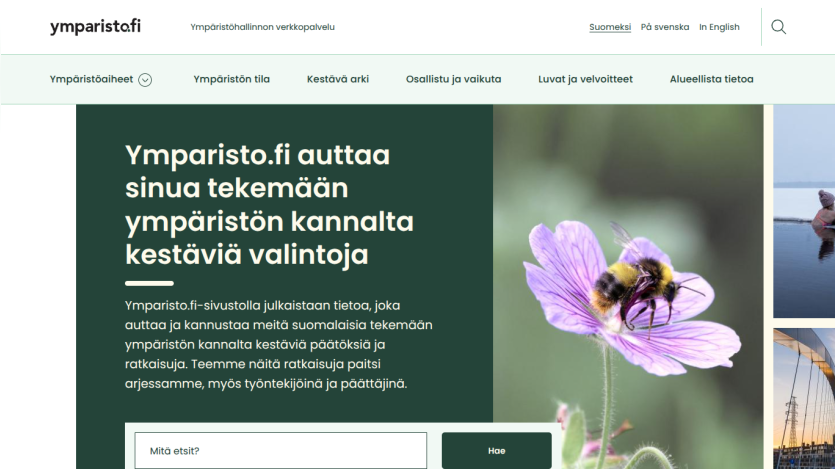 Homepage of ymparisto.fi with a bee on a flower and text about sustainable choices.