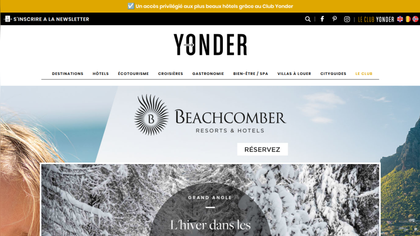 Yonder travel site with navigation menu and hero section promoting Beachcomber Resorts & Hotels and Shura island openings