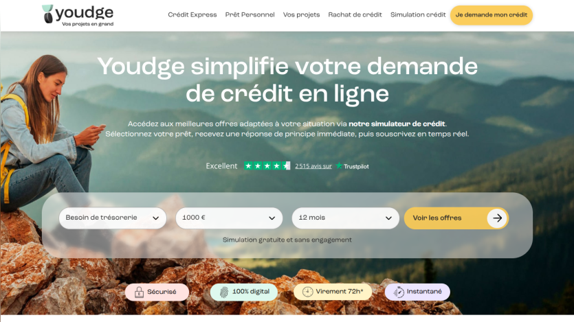 Youdge online credit application with loan simulation options and Trustpilot rating