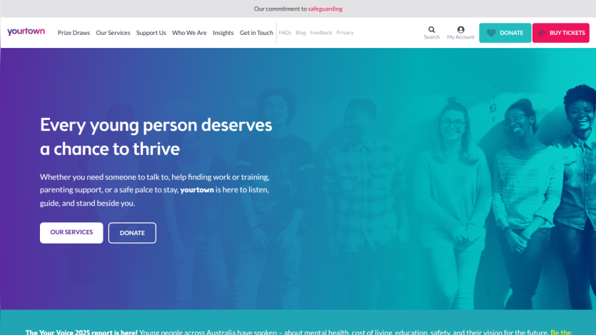 Yourtown homepage promoting support for young people with services, donation, and ticket options