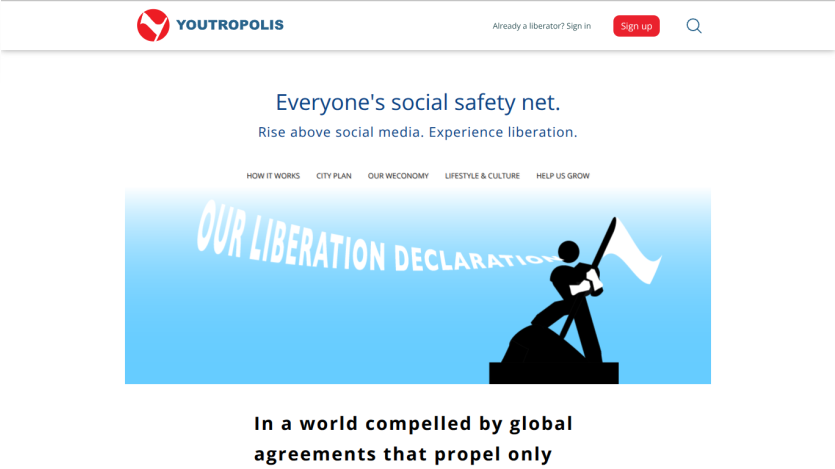 Youtropolis social platform with tagline Everyone's social safety net and navigation links