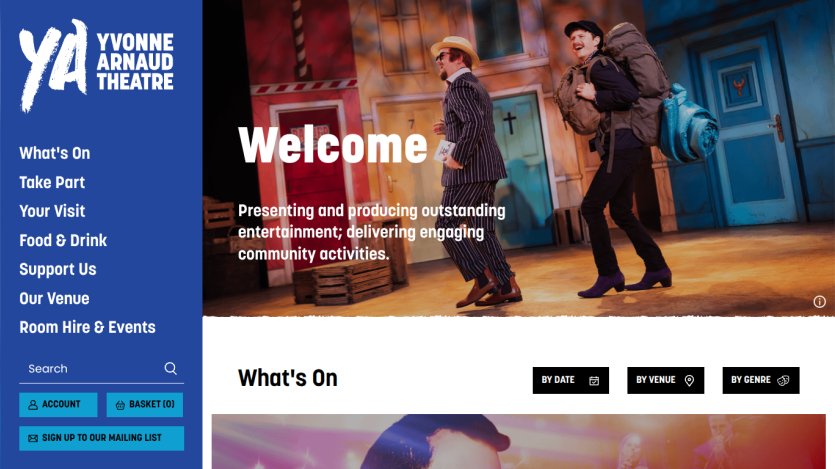 Yvonne Arnaud Theatre homepage with navigation menu and welcome message about entertainment and community activities.