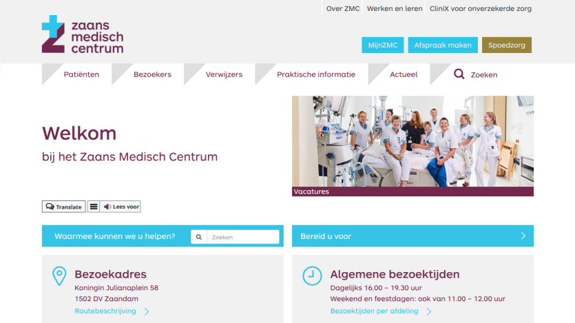 Welcome page of Zaans Medisch Centrum with navigation, search, visit address, and general visiting hours