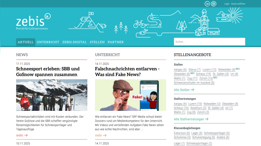 Zebis portal homepage for teachers with news on winter sports and fake news education, job listings, and navigation menu.