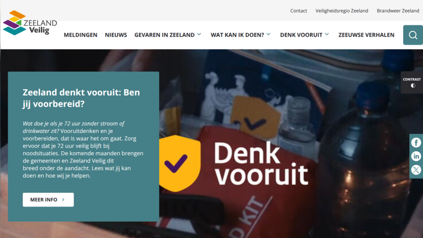 Zeeland Veilig website promoting preparedness for 72 hours without power or water with a call to action for more info