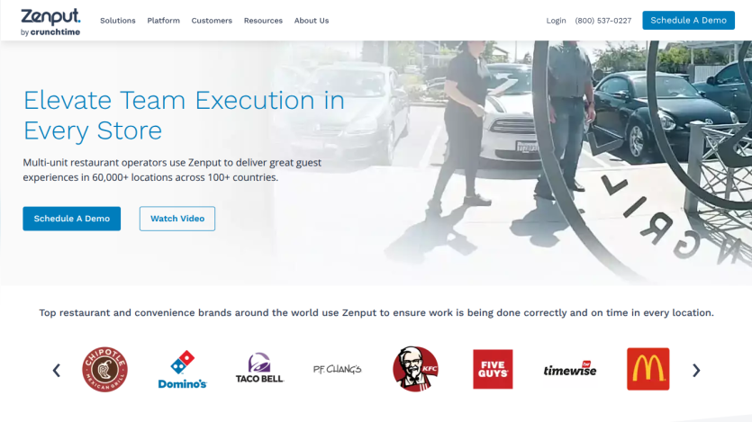 Homepage of Zenput showcasing team execution in stores with logos of partner brands.