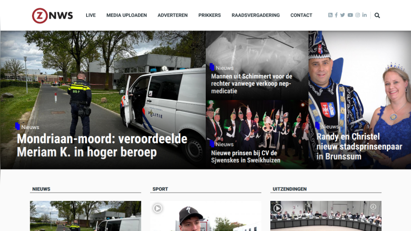 News homepage featuring headlines on Mondriaan murder appeal, fake medicine sale trial, new princes in Sweikhuizen, and new city prince couple in Brunssum.