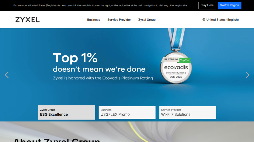Zyxel's homepage featuring a medal and a message about their EcoVadis Platinum Rating.