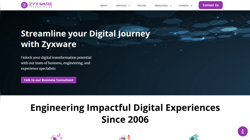 Zyxware Technologies homepage with headline about digital transformation and a call to talk to a business consultant