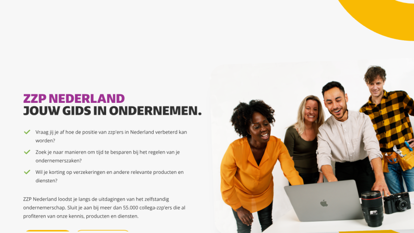 ZZP Nederland homepage offering guidance and services for self-employed entrepreneurs in the Netherlands with a group of diverse people collaborating.