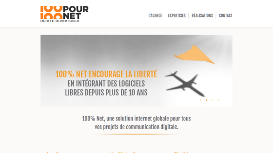 100% Net website homepage promoting free software integration for digital communication projects with navigation links