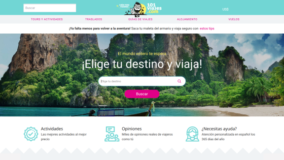 Travel website homepage with search bar to choose destination, featuring a tropical beach and cliffs background