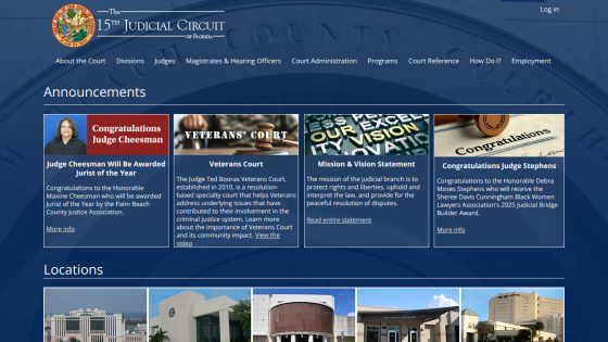 15th Judicial Circuit of Florida website with announcements and courthouse locations