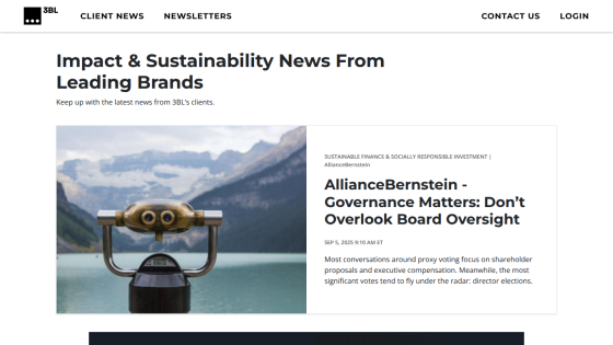 Homepage featuring news on impact and sustainability with a scenic background and article previews.