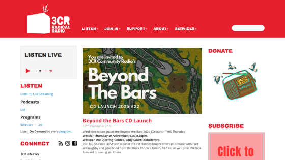 3CR Radical Radio homepage featuring Beyond the Bars CD Launch event details and live listen option