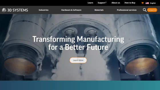 Homepage of 3D Systems featuring a tagline about transforming manufacturing.