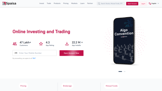 Homepage promoting online investing and trading with key metrics and a mobile app image.