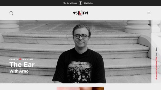 Radio station 95bFM promoting The Ear with Arno show airing 1AM to 3AM with a host portrait