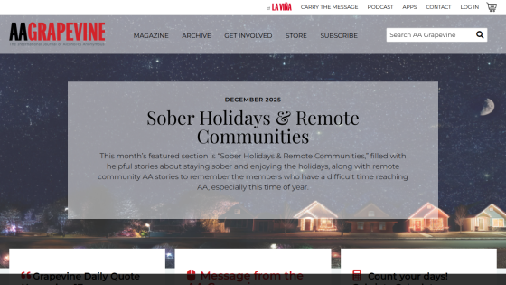 AA Grapevine homepage featuring December 2025 theme on sober holidays and remote communities with navigation and search bar