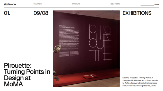 Exhibition title 'Pirouette: Turning Points in Design at MoMA' on a red wall with descriptive text.