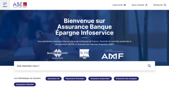 Homepage of Assurance Banque Épargne Infoservice with welcome message, partner logos, and search bar for financial topics