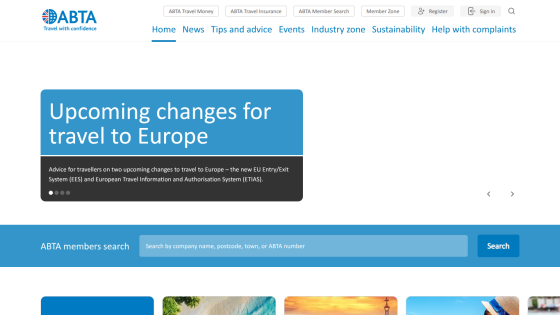 Announcement about upcoming changes for travel to Europe with a search bar.