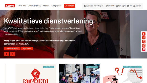 ABVV website with navigation and hero section about qualitative services and unemployment contact info