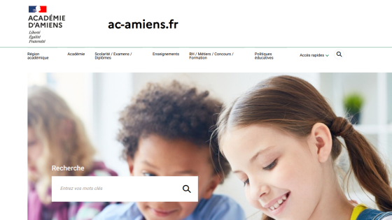 Homepage of Académie d'Amiens featuring a search bar and images of children.