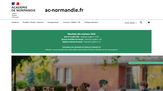 Homepage of Académie de Normandie displaying exam results and educational information.