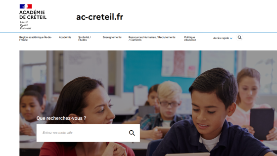 Homepage of Académie de Créteil featuring students engaged in learning with a search bar.