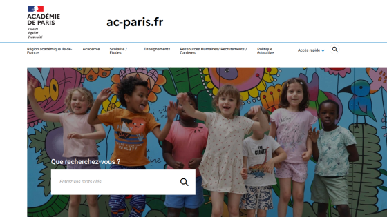 Homepage of Académie de Paris featuring children in front of a colorful mural and a search bar.