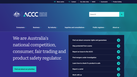 Homepage of ACCC, featuring navigation and key information about consumer rights.