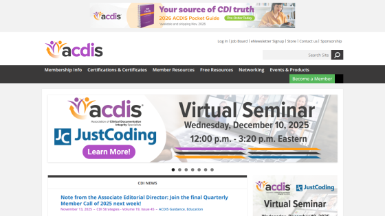ACDIS homepage with navigation, search, and a virtual seminar announcement for December 10, 2025, 12-3:20 p.m. Eastern