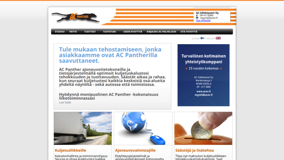 AC Panther homepage promoting vehicle data systems for fleet efficiency with contact info and service categories