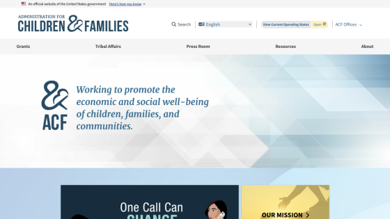 Homepage of the Administration for Children & Families, promoting well-being of children and families.