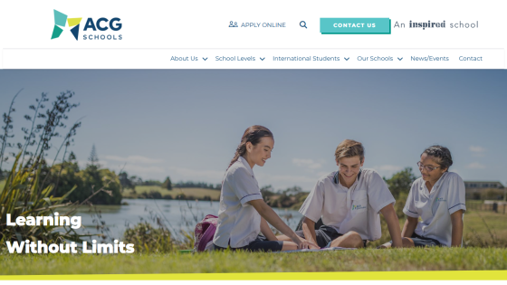 ACG Schools website header with navigation and hero section showing students studying outdoors with text 'Learning Without Limits'