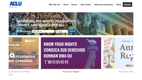 ACLU Missouri website with navigation, call to action for updates, and sections on rights and reports.