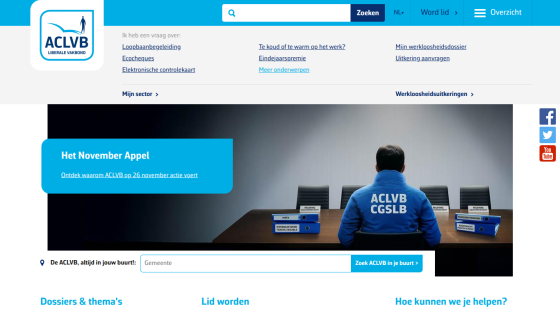 ACLVB website with navigation links, search bar, and a hero section promoting the November appeal with a person in ACLVB jacket