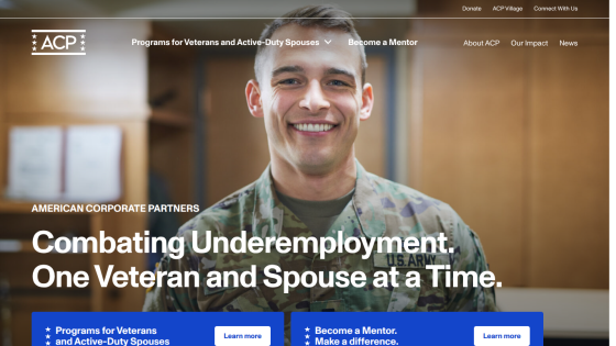 American Corporate Partners website promoting programs to combat underemployment for veterans and spouses with options to learn more