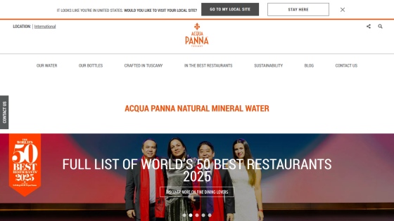 Acqua Panna website featuring navigation and hero section promoting the full list of World's 50 Best Restaurants 2025