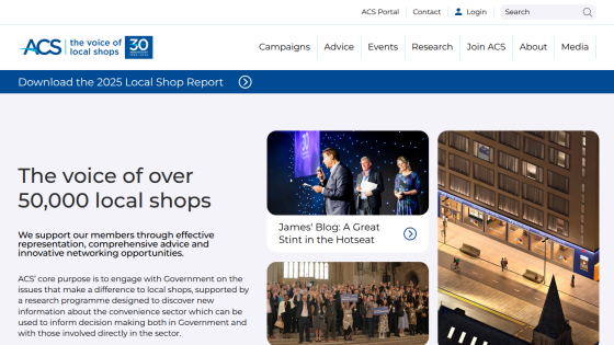 ACS website highlighting support for over 50,000 local shops with blog and community images