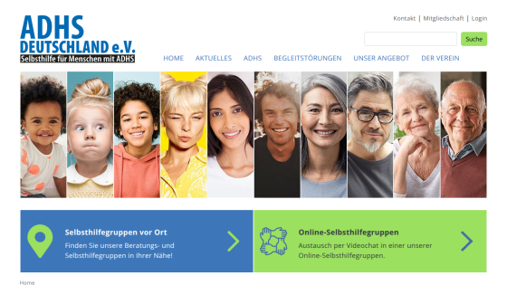 ADHS Deutschland e.V. website offering self-help for people with ADHD, featuring local and online support groups