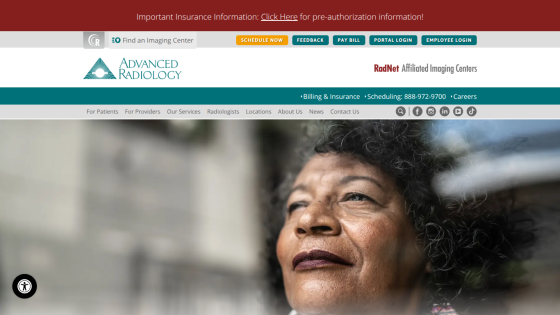 Advanced Radiology website header with navigation, contact info, and hero image of a thoughtful woman