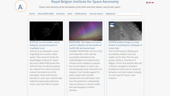 Royal Belgian Institute for Space Aeronomy homepage with navigation and articles on interstellar comet, cosmic radiation impact, and lunar dust project