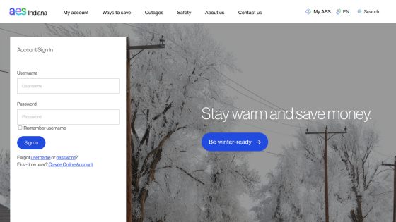 AES Indiana login page with sign-in form and winter-themed background promoting saving money.