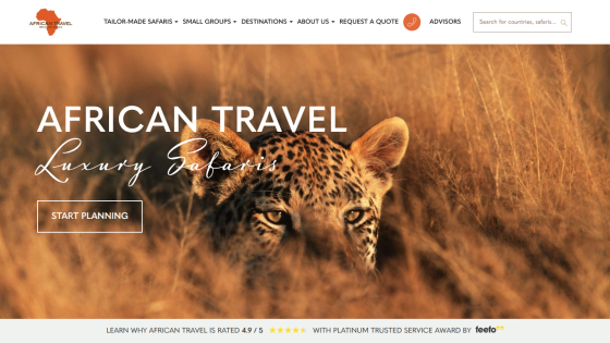 African Travel website offering luxury safaris with navigation menu and start planning button