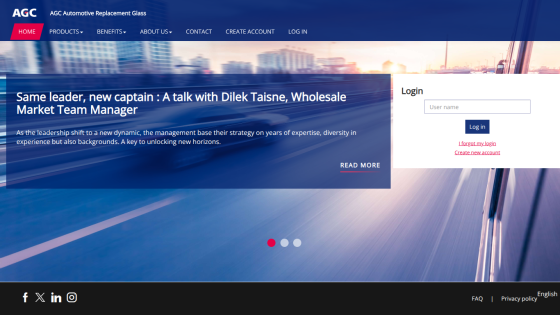 AGC Automotive Replacement Glass homepage with navigation menu, article highlight, and login form